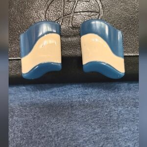 Vintage 1960s Blue and Off White Plastic Clip On Earrings